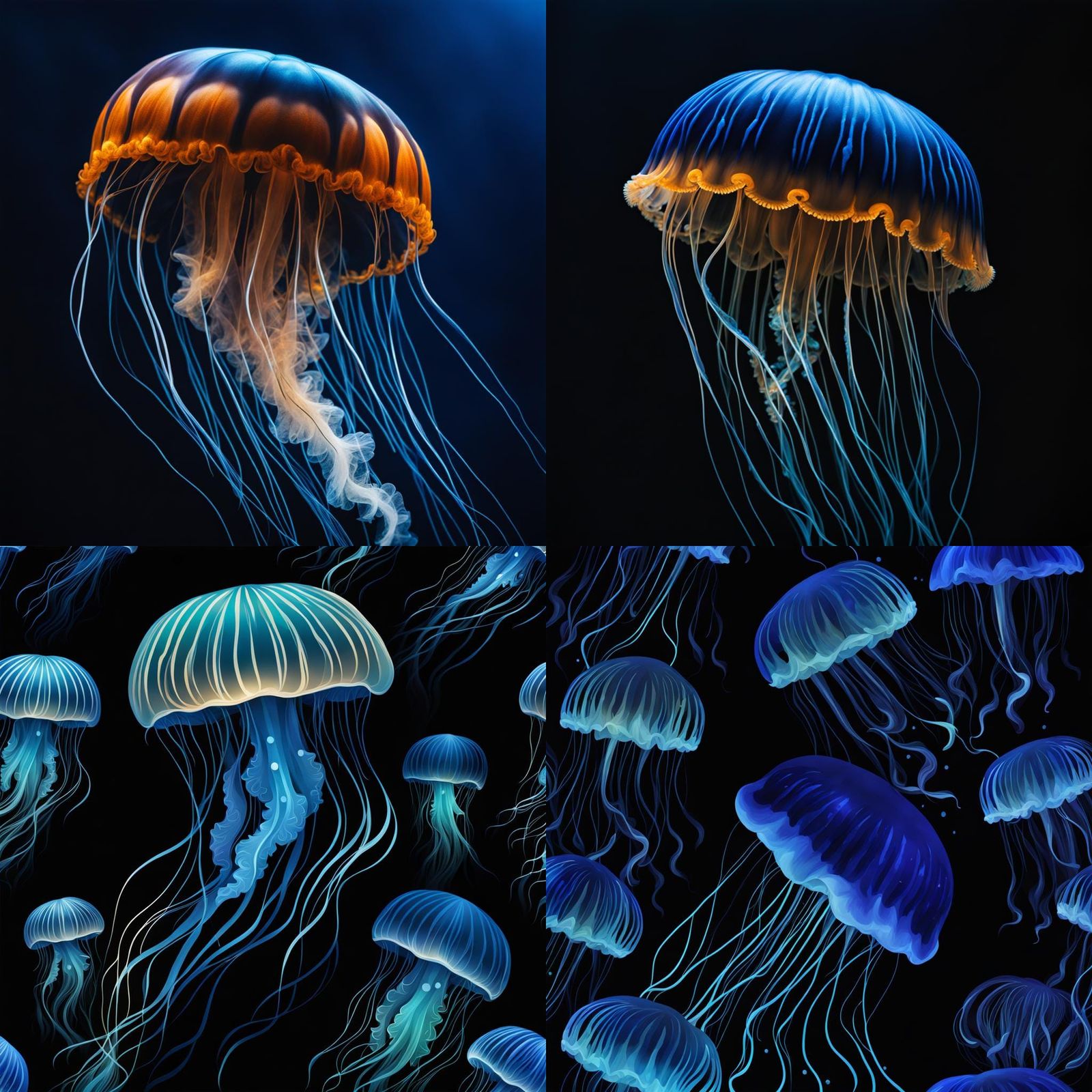 Blue Jellyfish Swimming in Black Ocean