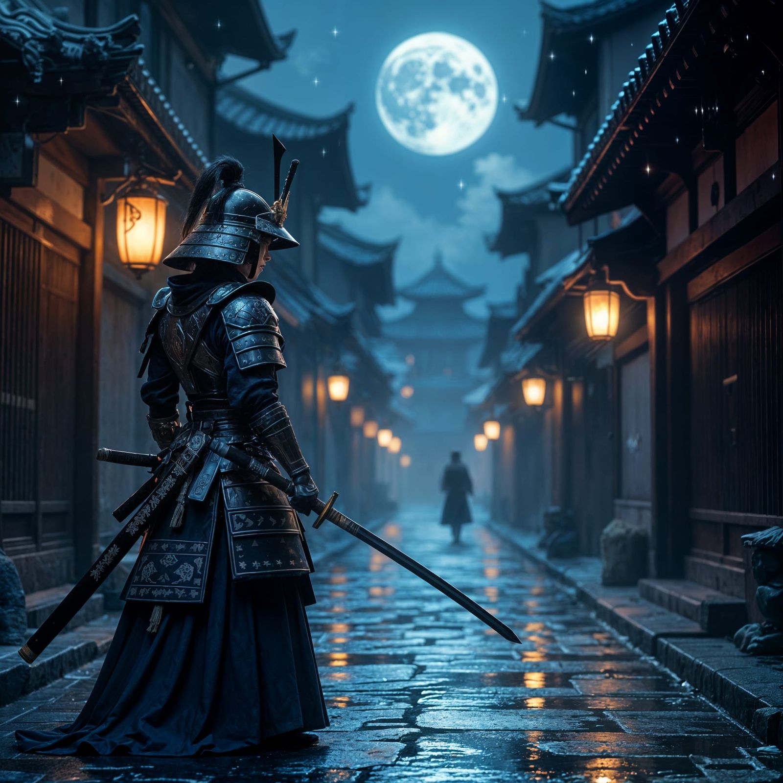 Samurai Warrior in Moonlit Alley, Dark Fantasy Style