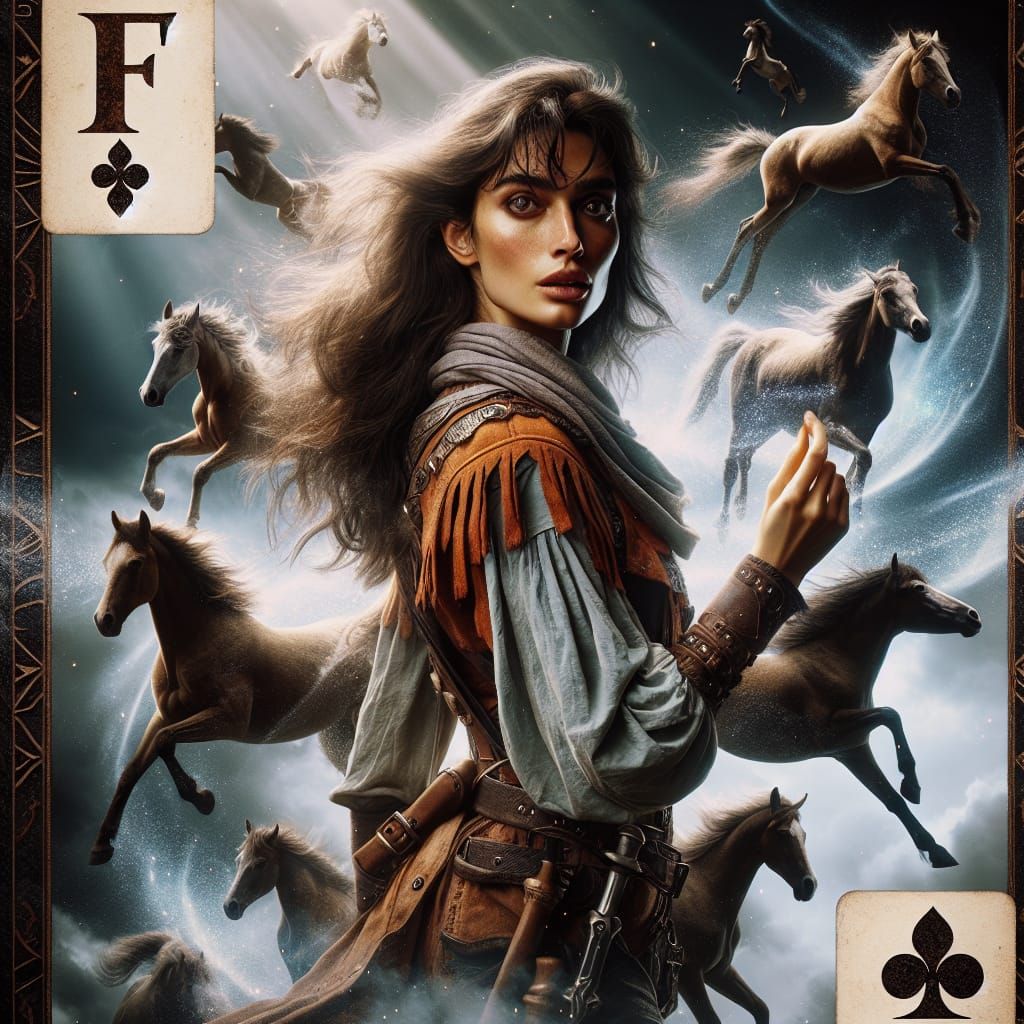Fantasy Ranger on Playing Card with Cosmic Horses