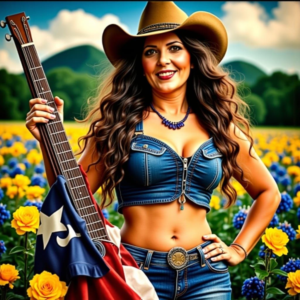 Texas Woman with Flowing Hair in Bluebonnet Field