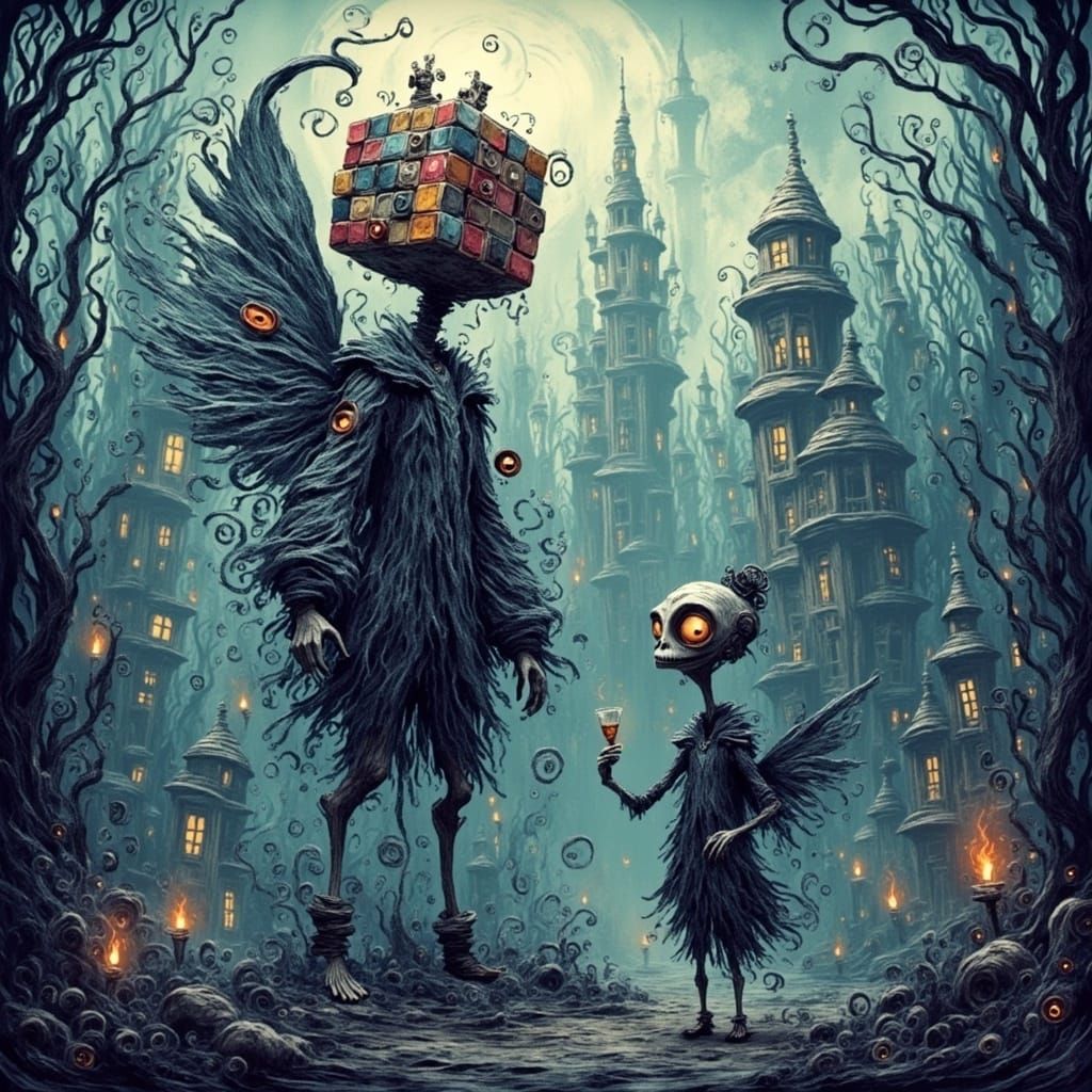 Rubik's Cube head. surrealism analogous colors Tim Burton Da...