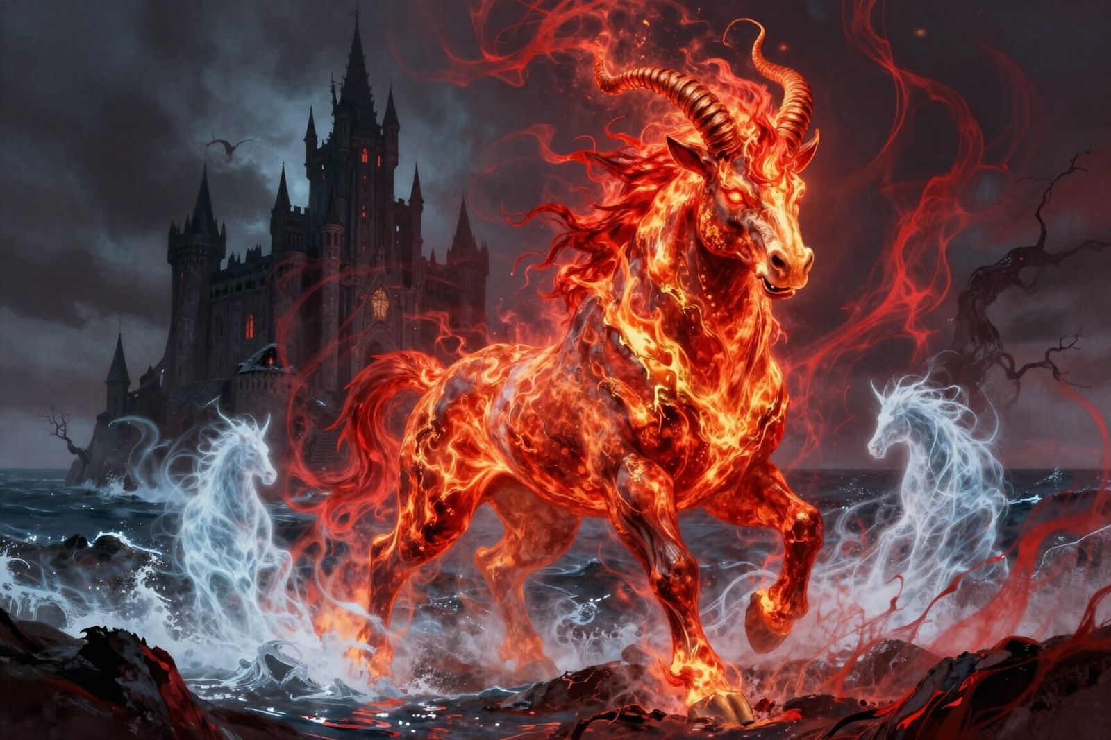 Epic Fantasy Red Bull in Fiery Coastal Castle Scene