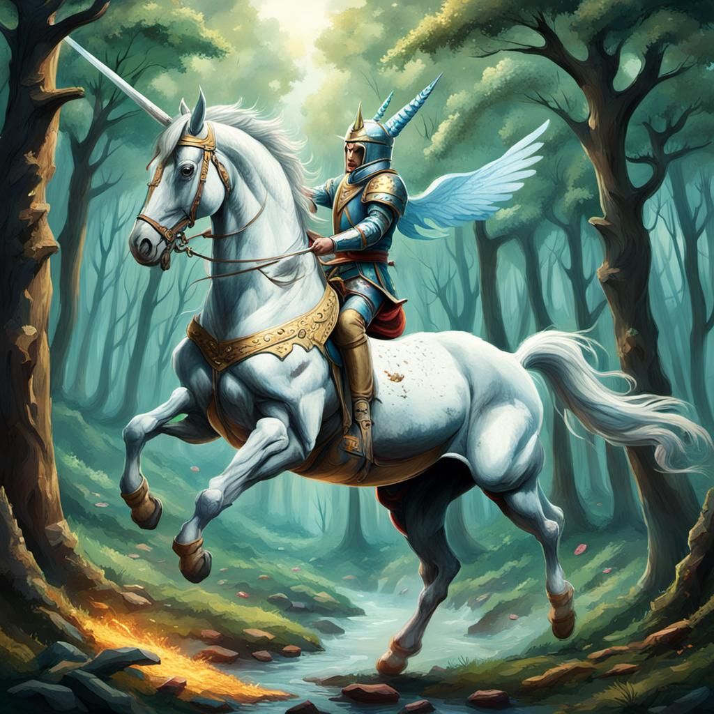 Medieval Knights on Winged Unicorns Battle Above Forest