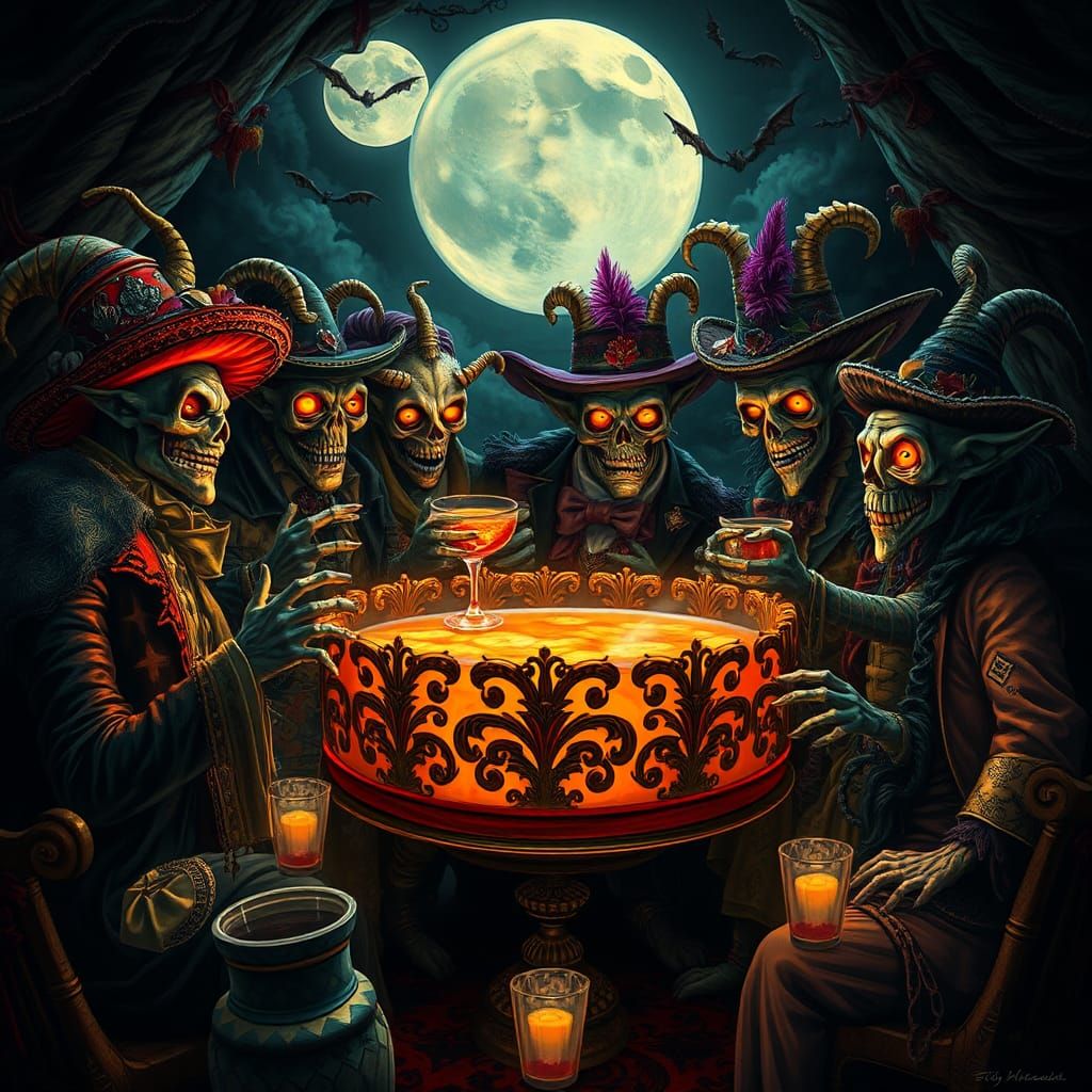 Ghoulish Gathering in Dark Surrealist Style