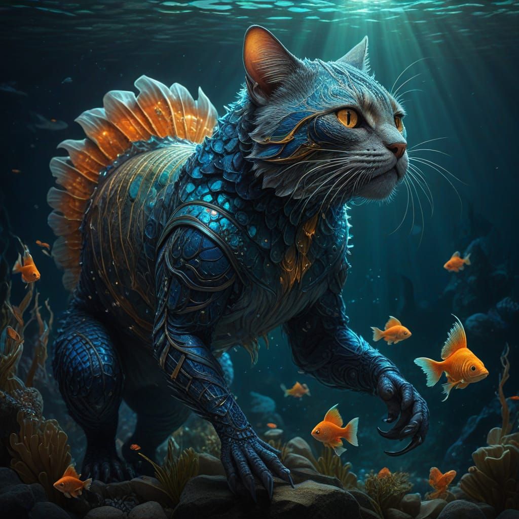 Chimeric Catfish Creature in Mystical Underwater Realm