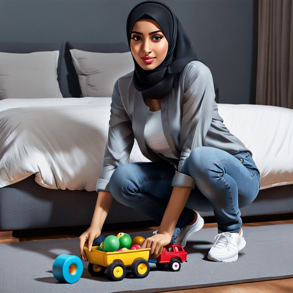 Detailed Image of Hijabi Woman Picking Up Toy