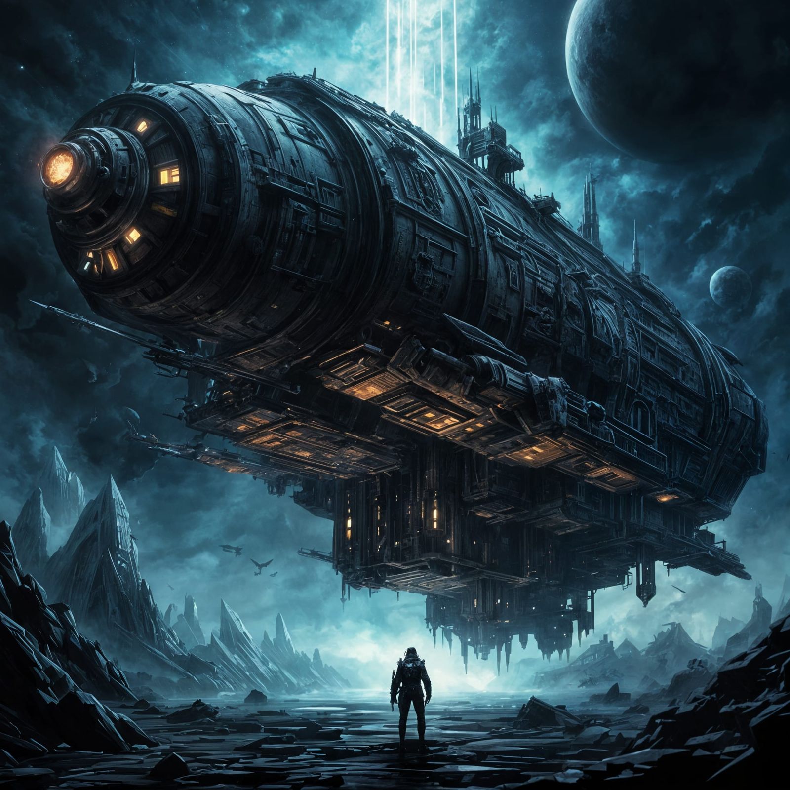 Gothic Sci-Fi Starship Sailing Through Space