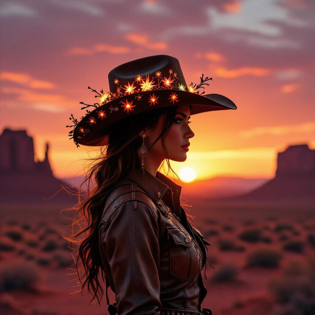 Cowgirl Sunset Silhouette in Desert Landscape