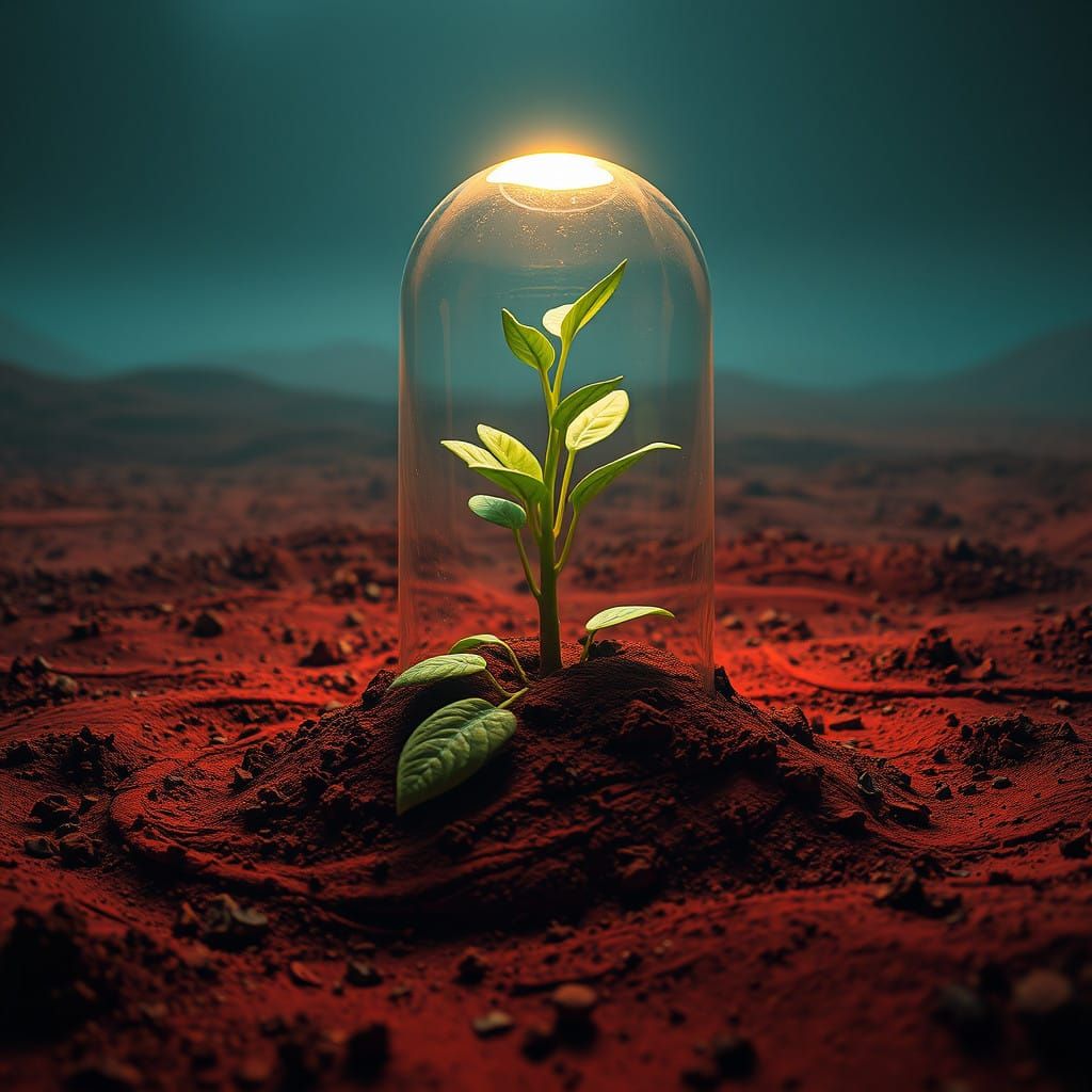 Lush Sprout Thrives in Iridescent Dome on Barren, Hellish Ve...