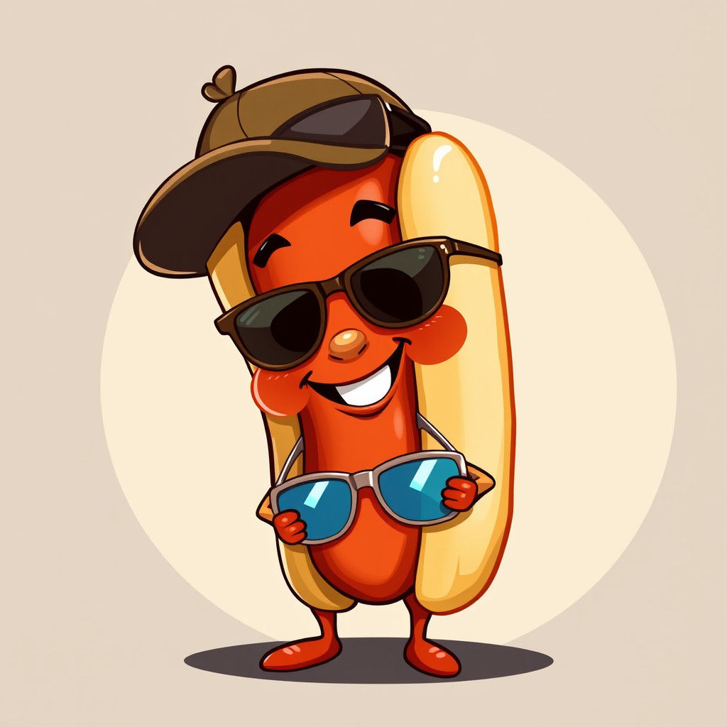Anthropomorphic Hot Dog Cartoon Character with Sunglasses