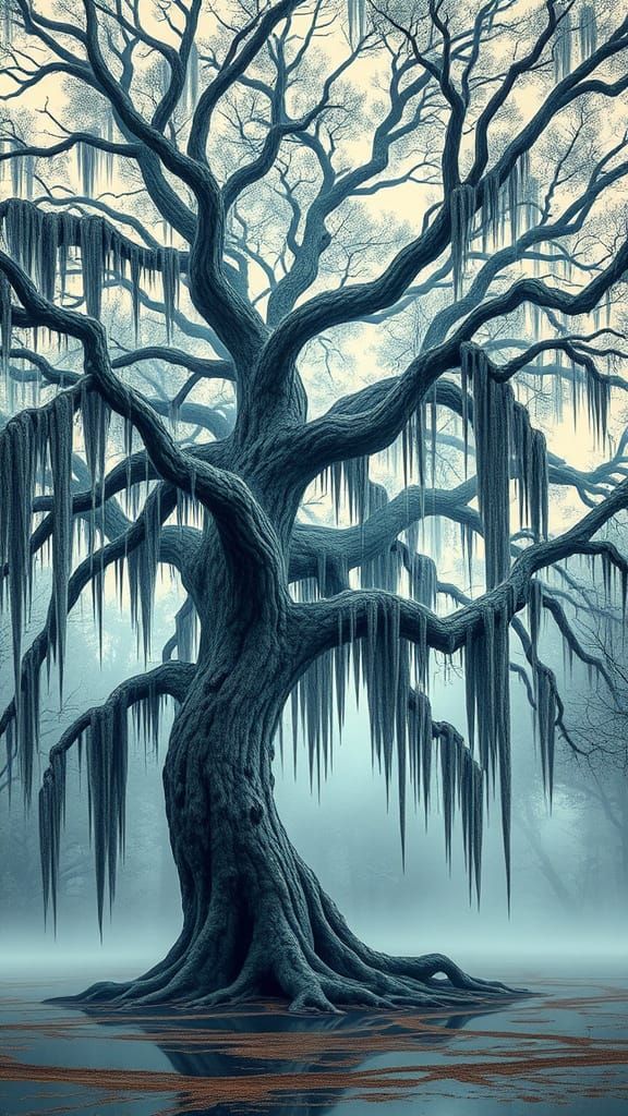 Majestic Tupelo Tree in a Dreamlike Swamp Landscape
