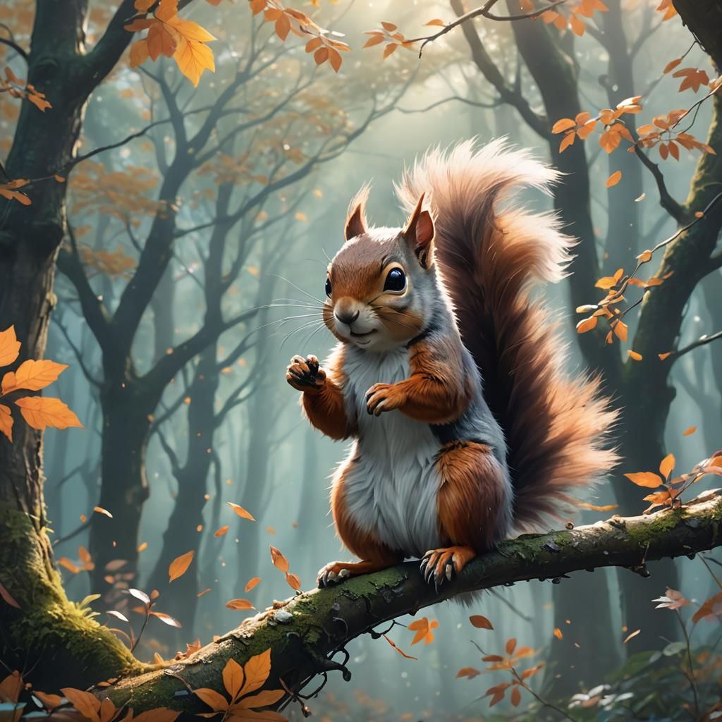 Gymnastics Squirrel in Misty Forest: Anime Concept Art