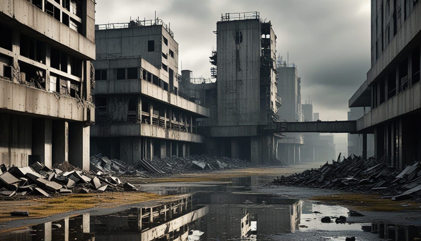 Dark Neo-Brutalist Scene with Gears and Desperate Souls