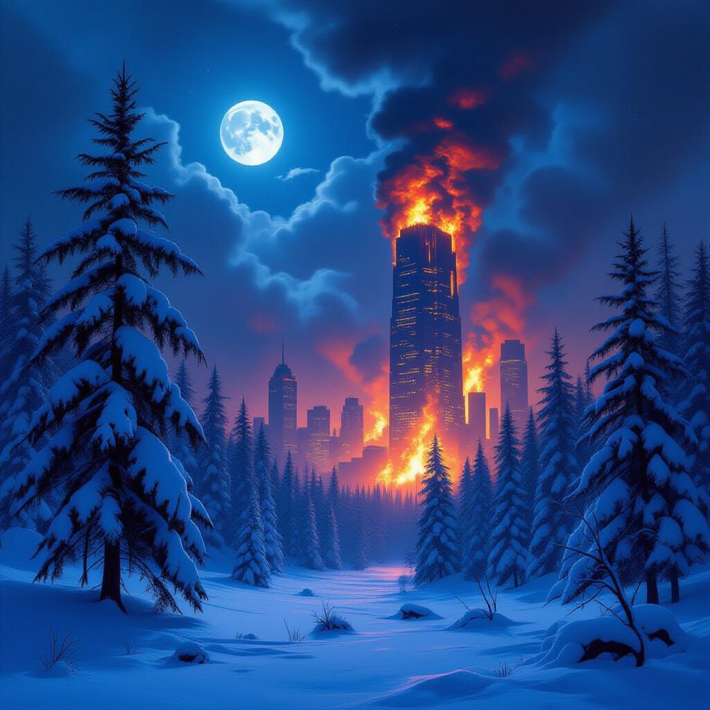 Snowy Forest Meets Inferno: Hyperrealistic Dark Fantasy Art