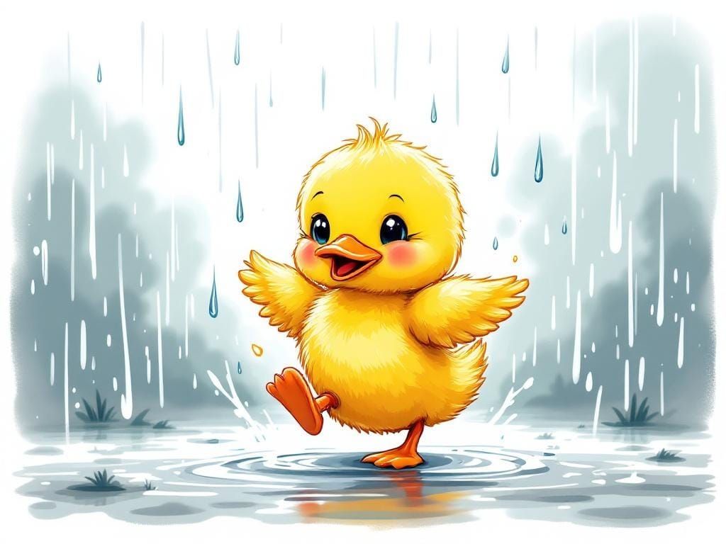 Cartoon Duckling Dancing in the Rain