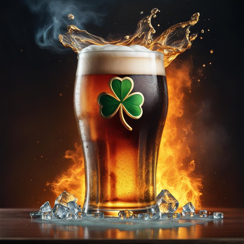 Guinness Pint with Burning Ice and Shamrock Garnish