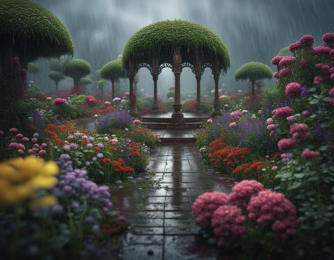 Rain-Kissed Flower Garden: Detailed Cinematic Scene