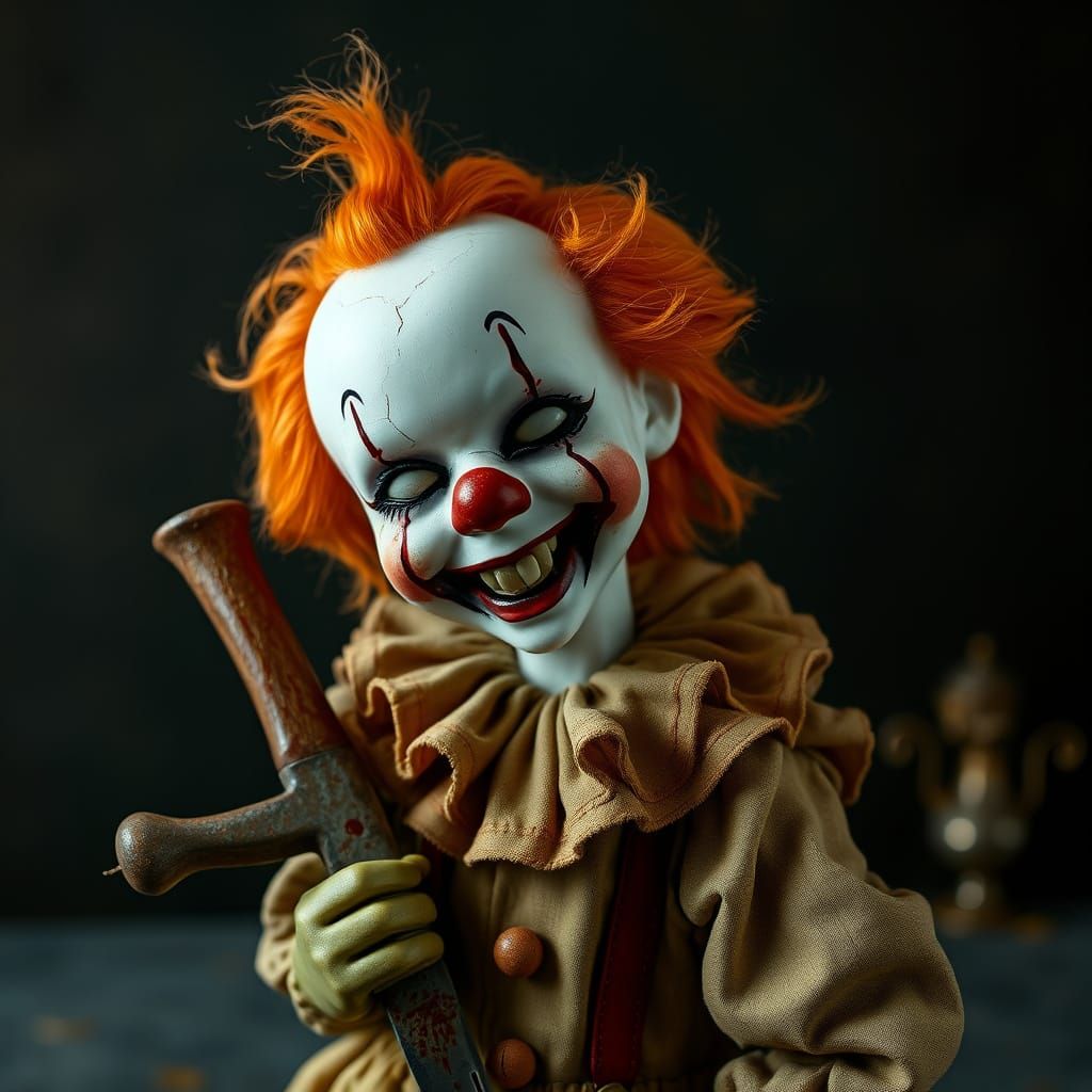 Eerie Antique Porcelain Clown Doll Wields Blood-Stained Knif...