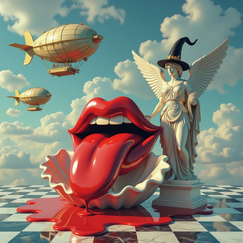 Surreal Dreamscape with Rolling Stones Logo and Athena