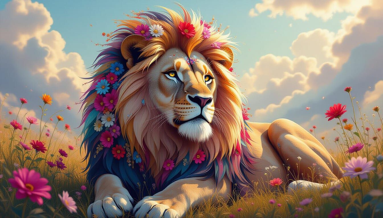 Majestic Lion Made of Flowers, Fabrics, and Metals