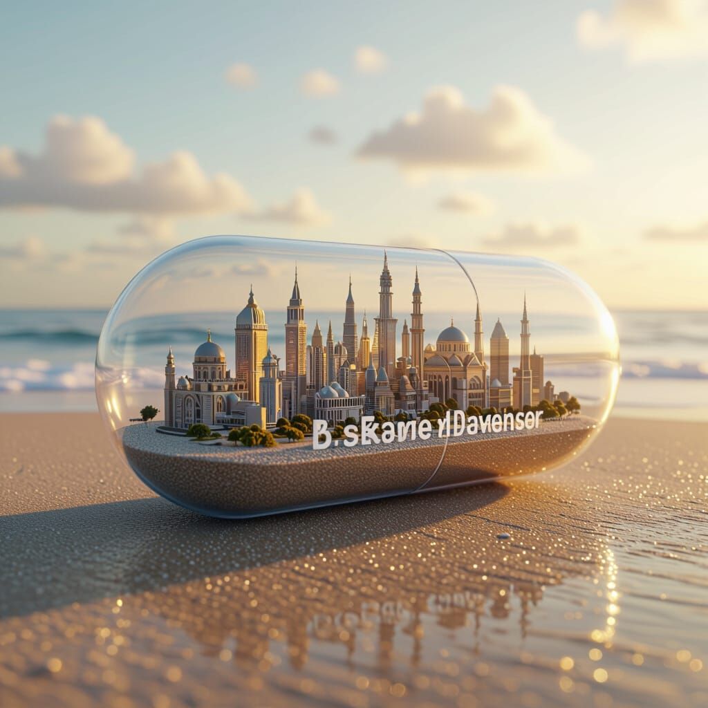 Miniature City in Capsule on Beach, Cinematic Lighting