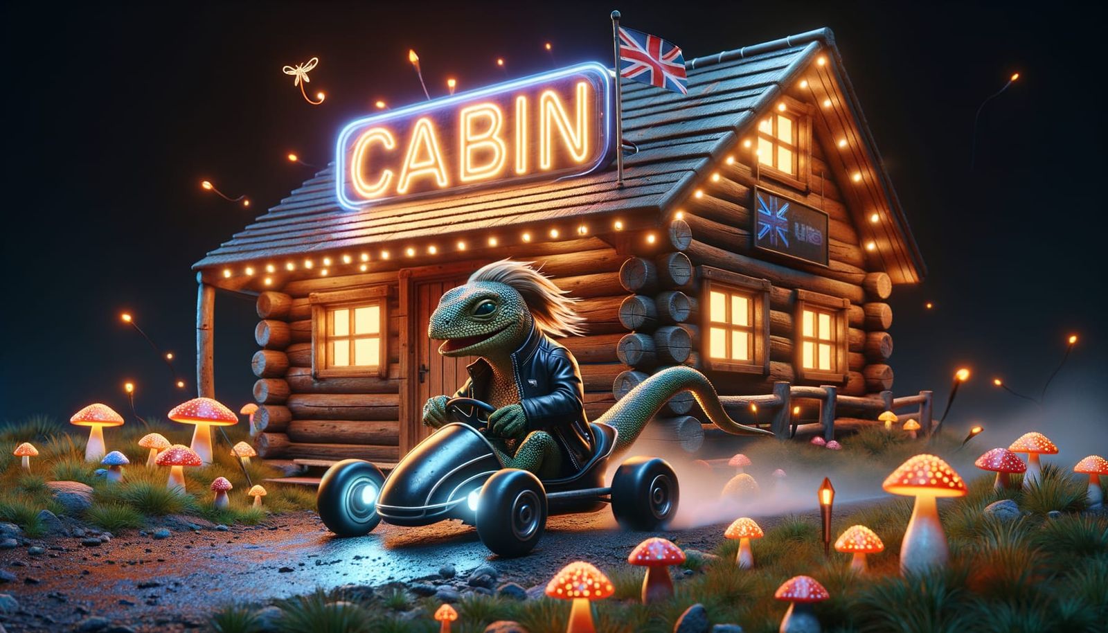 Lizard Go-Kart Race at Neon Cabin, Pixel Art