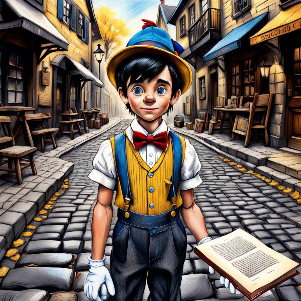 Pinocchio with ABC Book in Charcoal Style