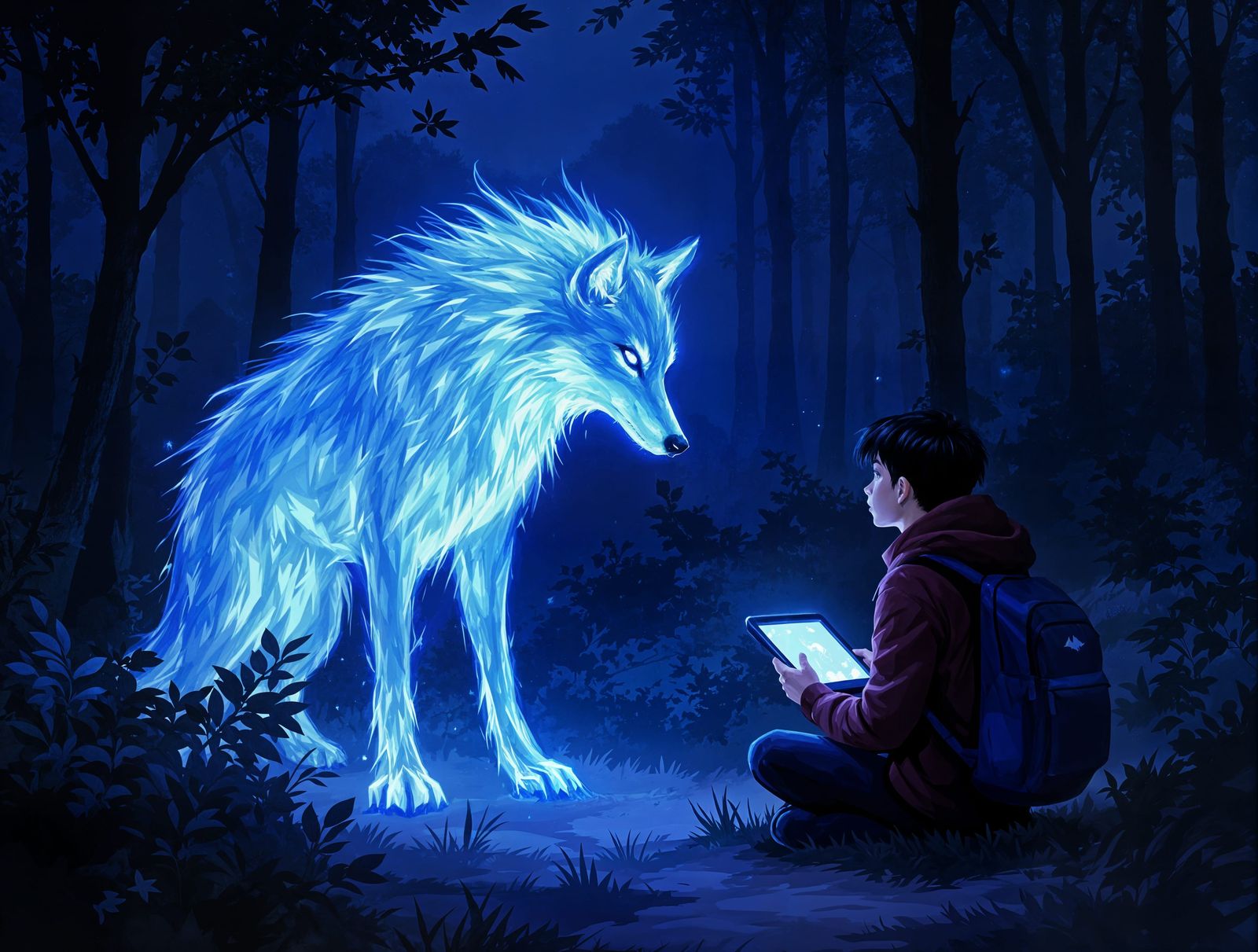 Mystical Forest Encounter in Ethereal Blue