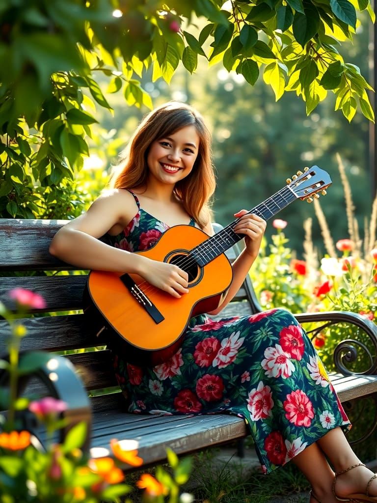 Woman in Vintage Floral Style Plays Guitar with Joy