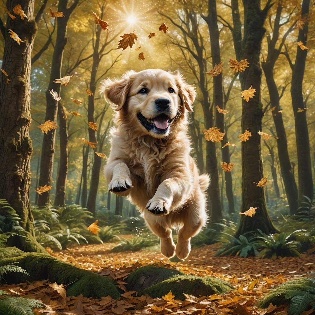 Golden Retriever Puppy Backflip in Whimsical Forest
