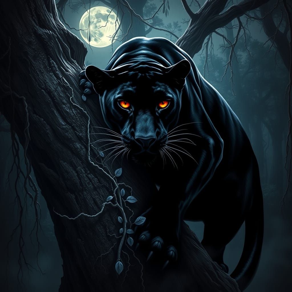 Regal Black Panther Descends Tree with Fierce Gaze