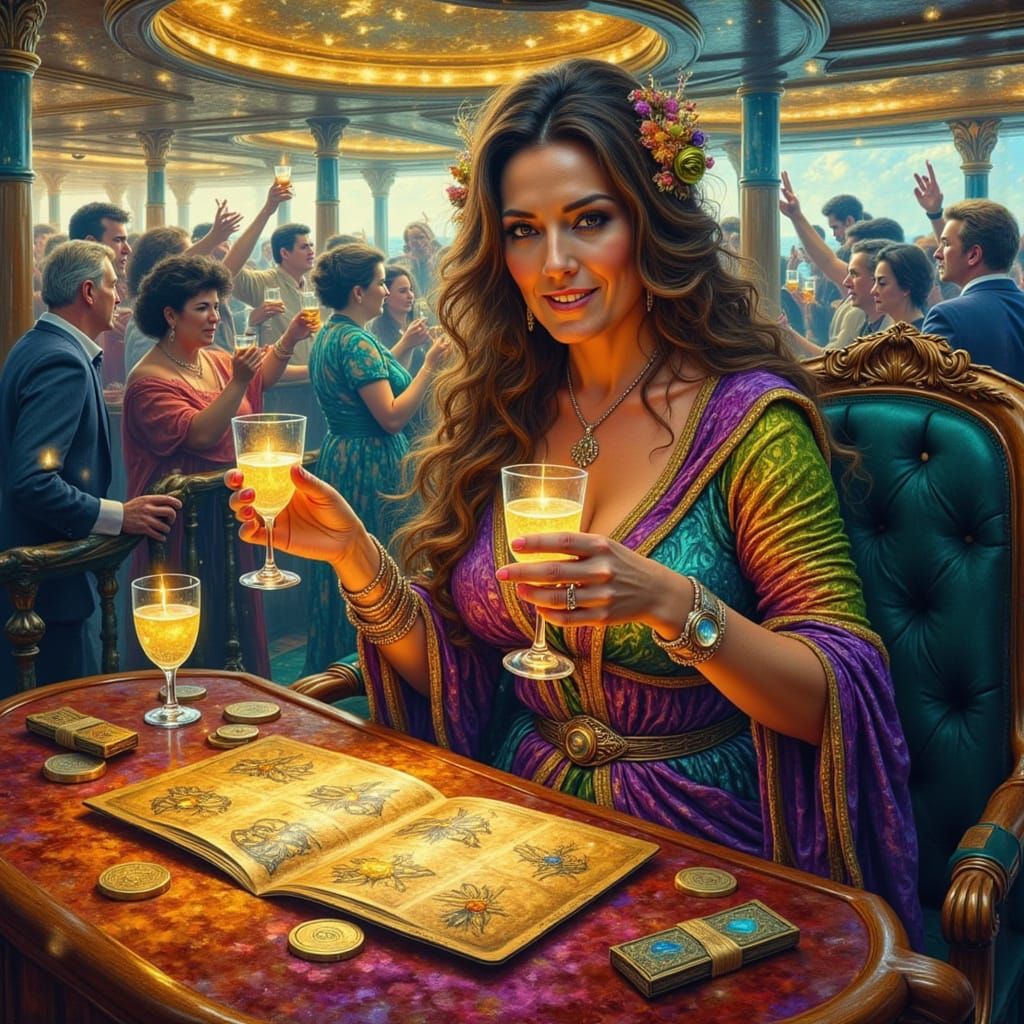 Mystifying Fortuneteller on Cruise Ship Deck with Tarot Card...