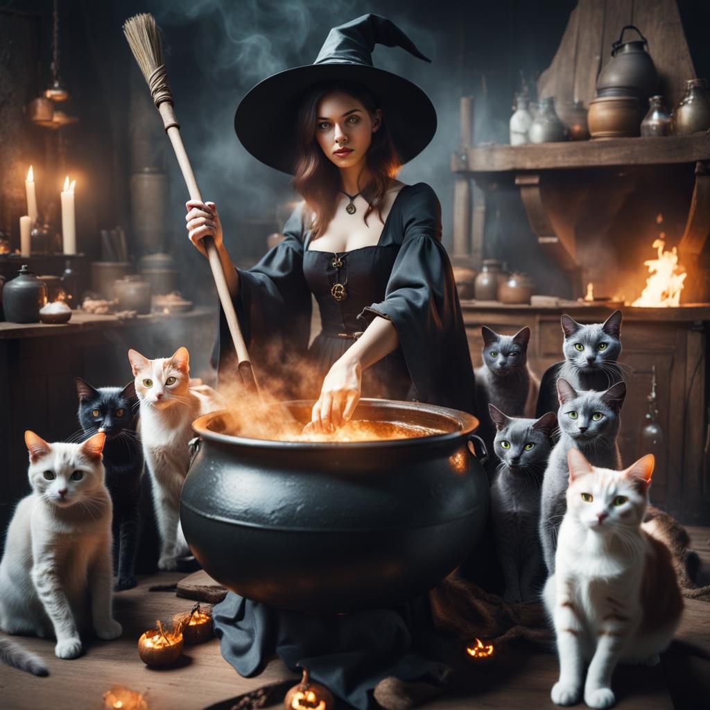 Young Witch Stirring Cauldron of Cats
