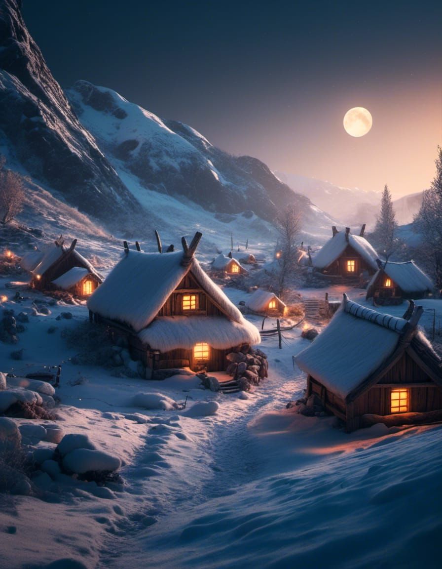 Moonlit Winter Viking Village Miniature Scene