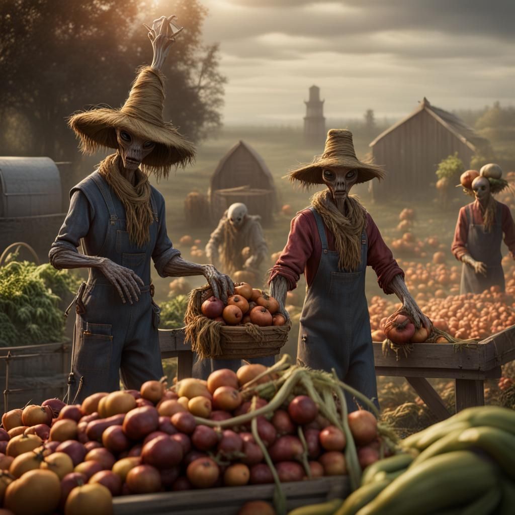 Alien Farmers with Humanoid Scarecrows: Fantasy Art