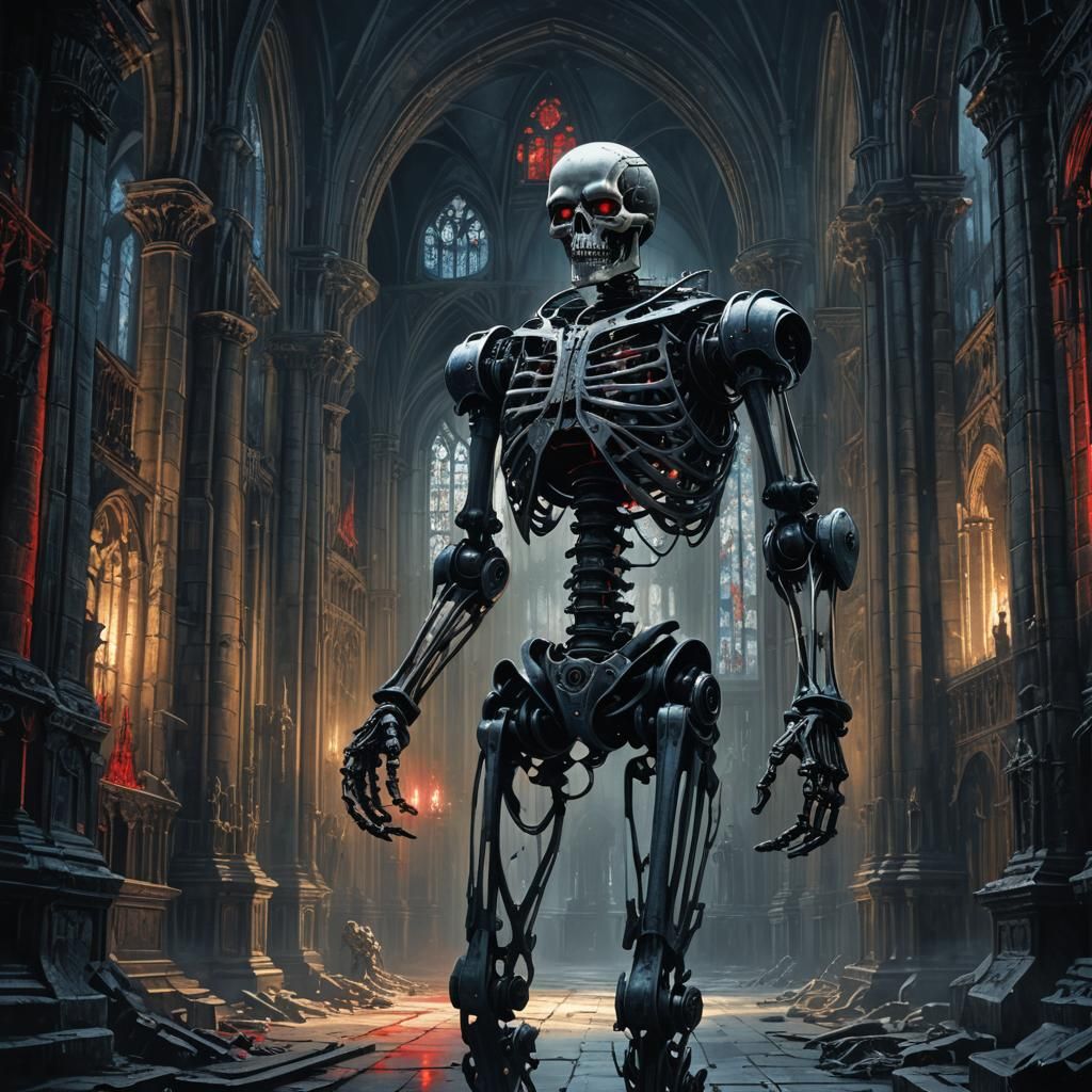 Eerie Robot Skeleton in Gothic Cathedral