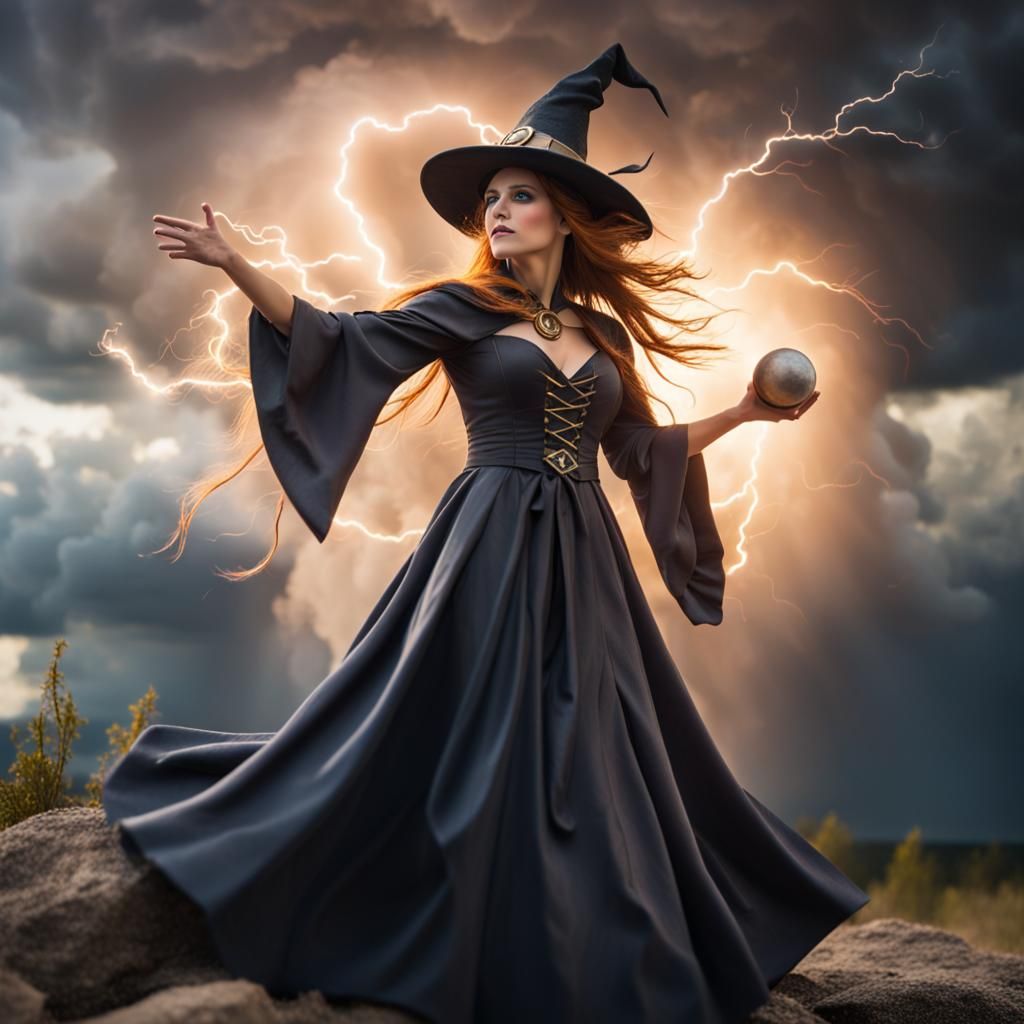 Weather witch summoning a storm in a sunlit sky