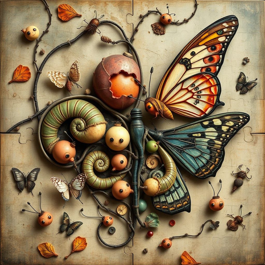 Surrealist Bio Art Collage of Metamorphosis in Whimsical, Ha...