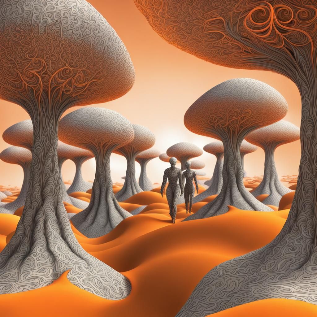 Orange Aliens Walk Through Fractal Tree Field