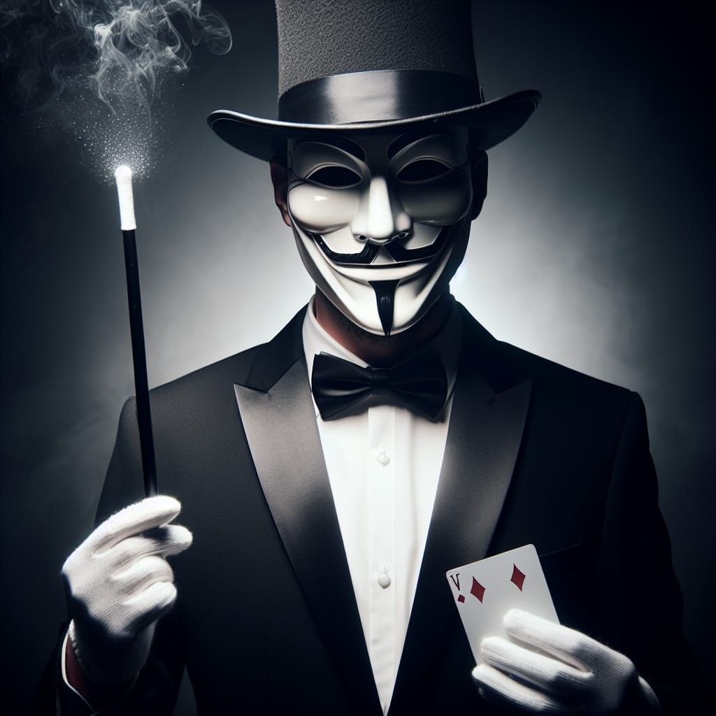 Masked Magician in Tuxedo with Cards and Wand