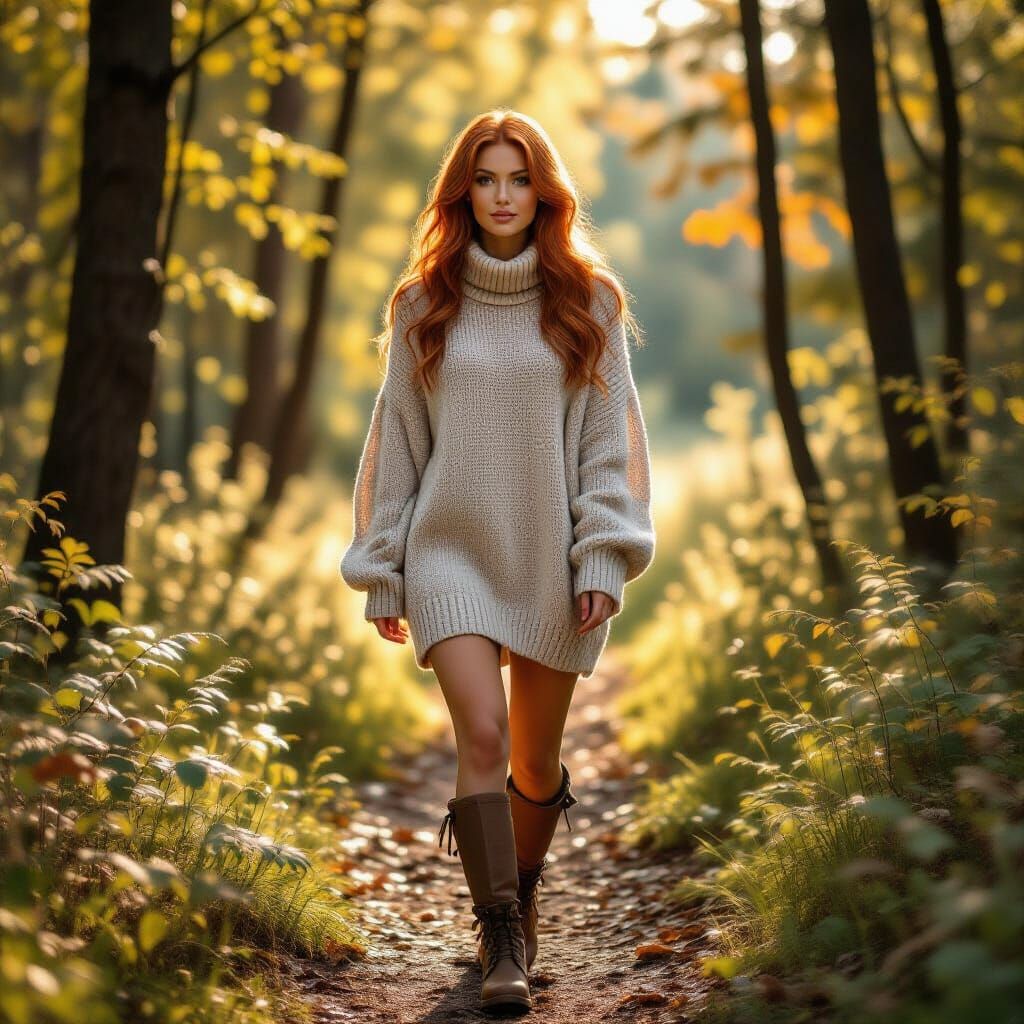 Redheaded Woman Enjoys Sun-Dappled Forest Walk