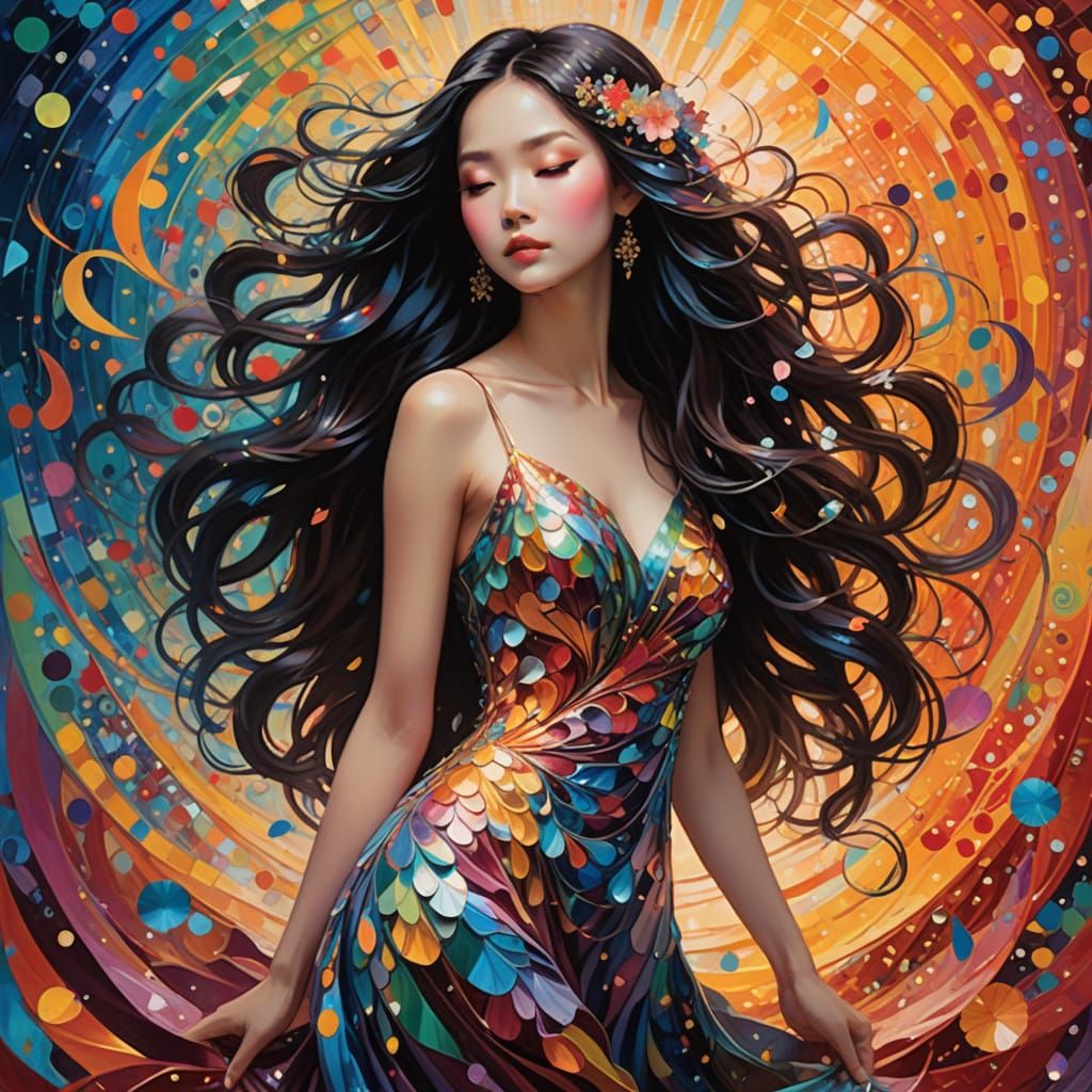 Vibrant Woman Dancing in a Kaleidoscope of Colors