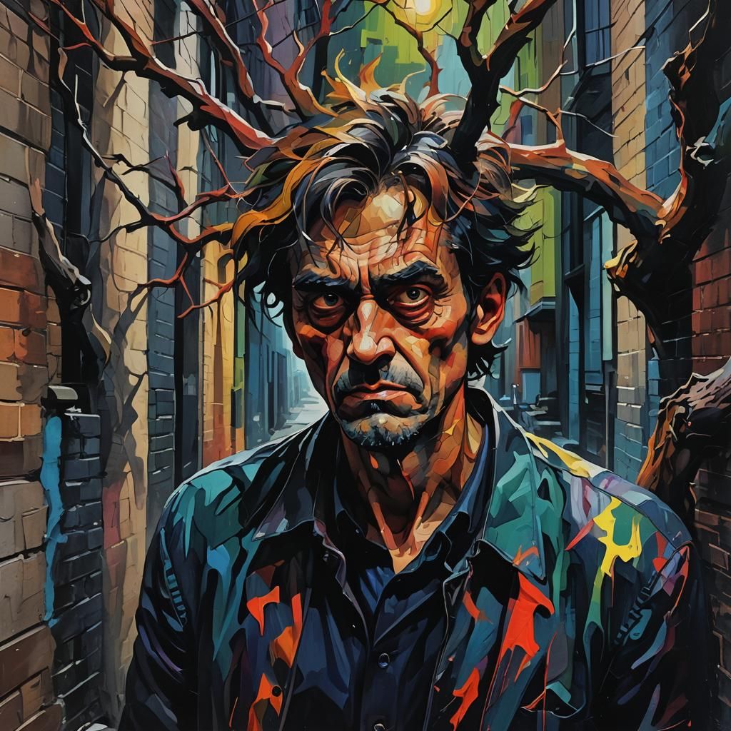 Bitter Scowl in Dark Alley: Expressionist Close-Up