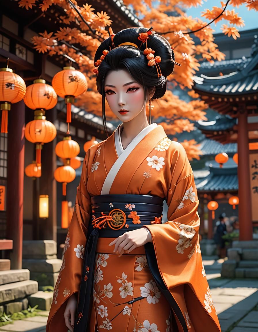 Geisha in Orange Hikizuri with Temple Bokeh