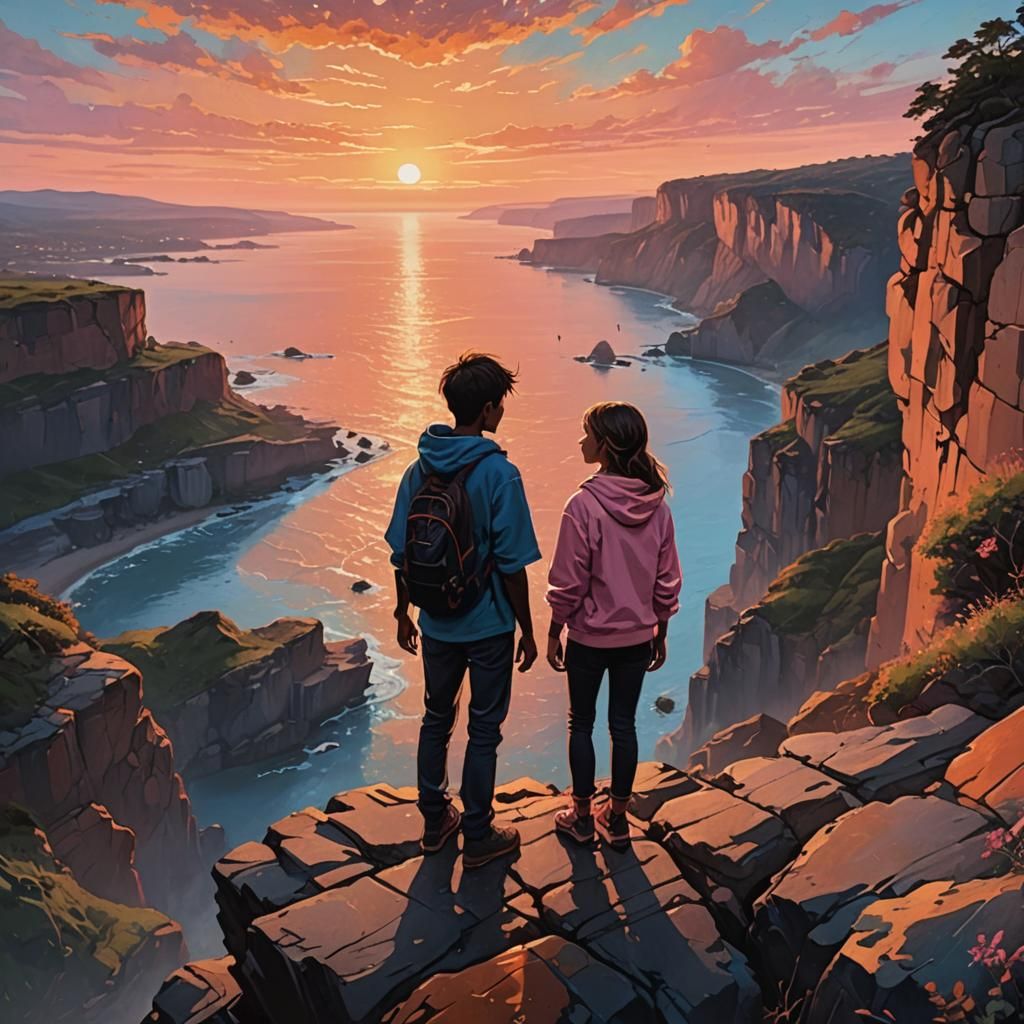 Sunset Watchers: Hyperrealistic Splash Art Silhouette