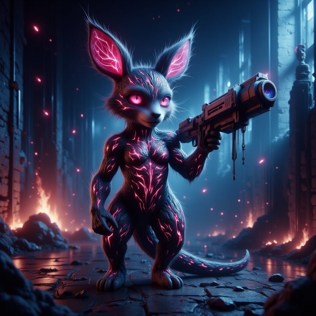 Muscular Chibi Kangaroo with Laser Gun in Cosmic Setting