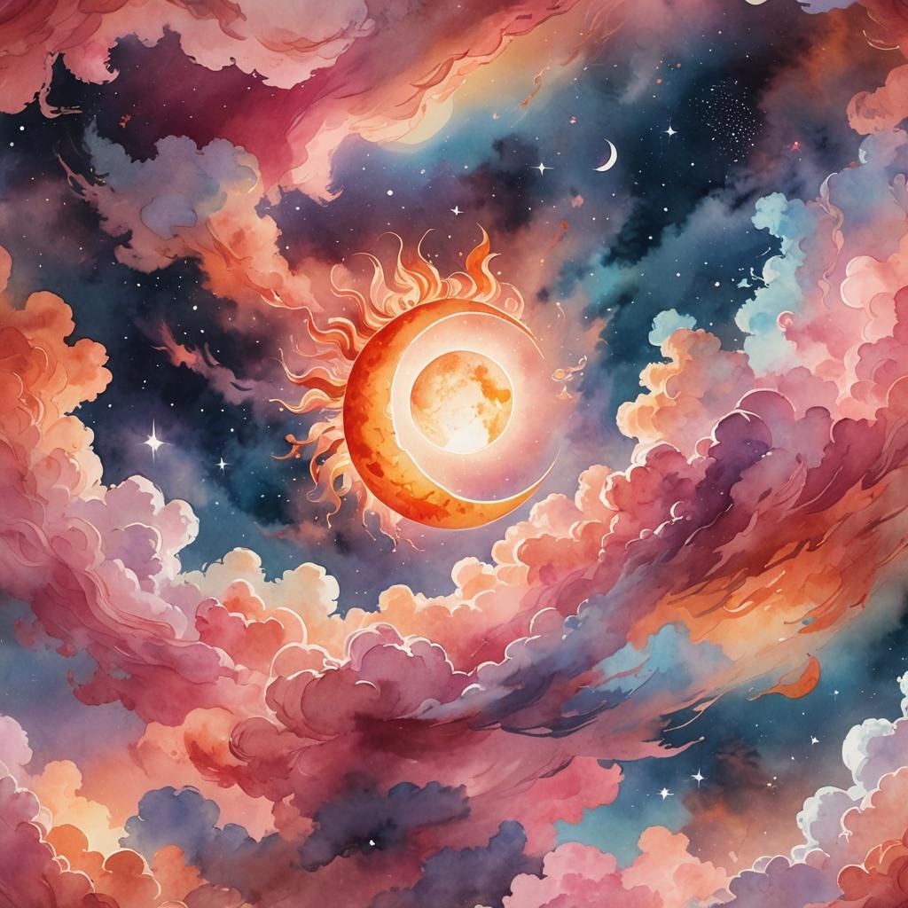 Celestial Sun and Moon Cosmic Dance Watercolor