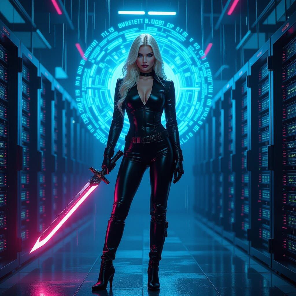 Cyberpunk Queen Hacker in Neon Server Room