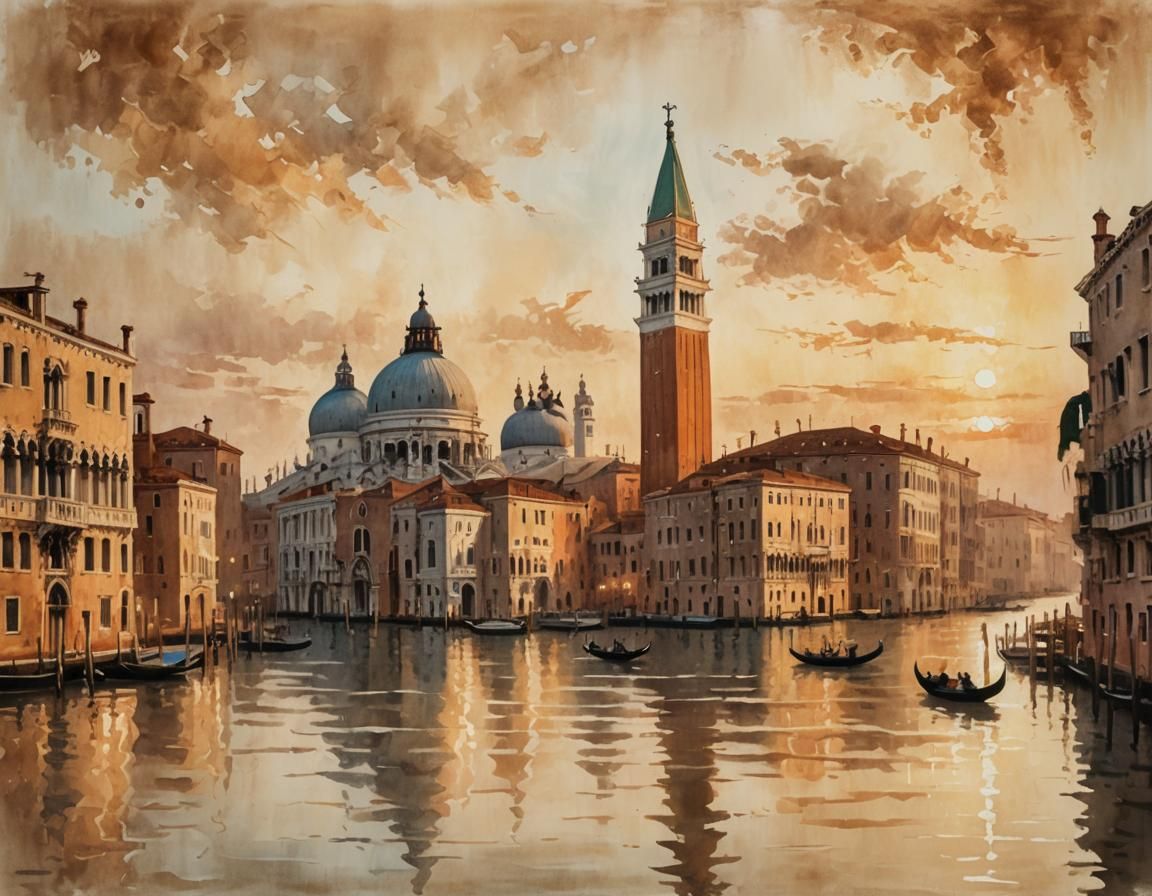 Venice Cityscape: Neo-Impressionist Oil Painting at Golden H...