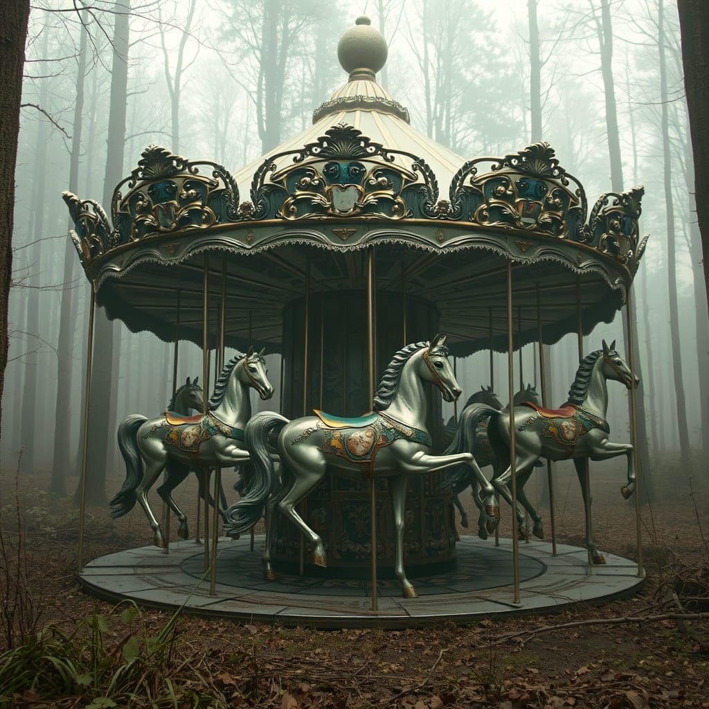 An abandoned carousel in the middle of a foggy forest.